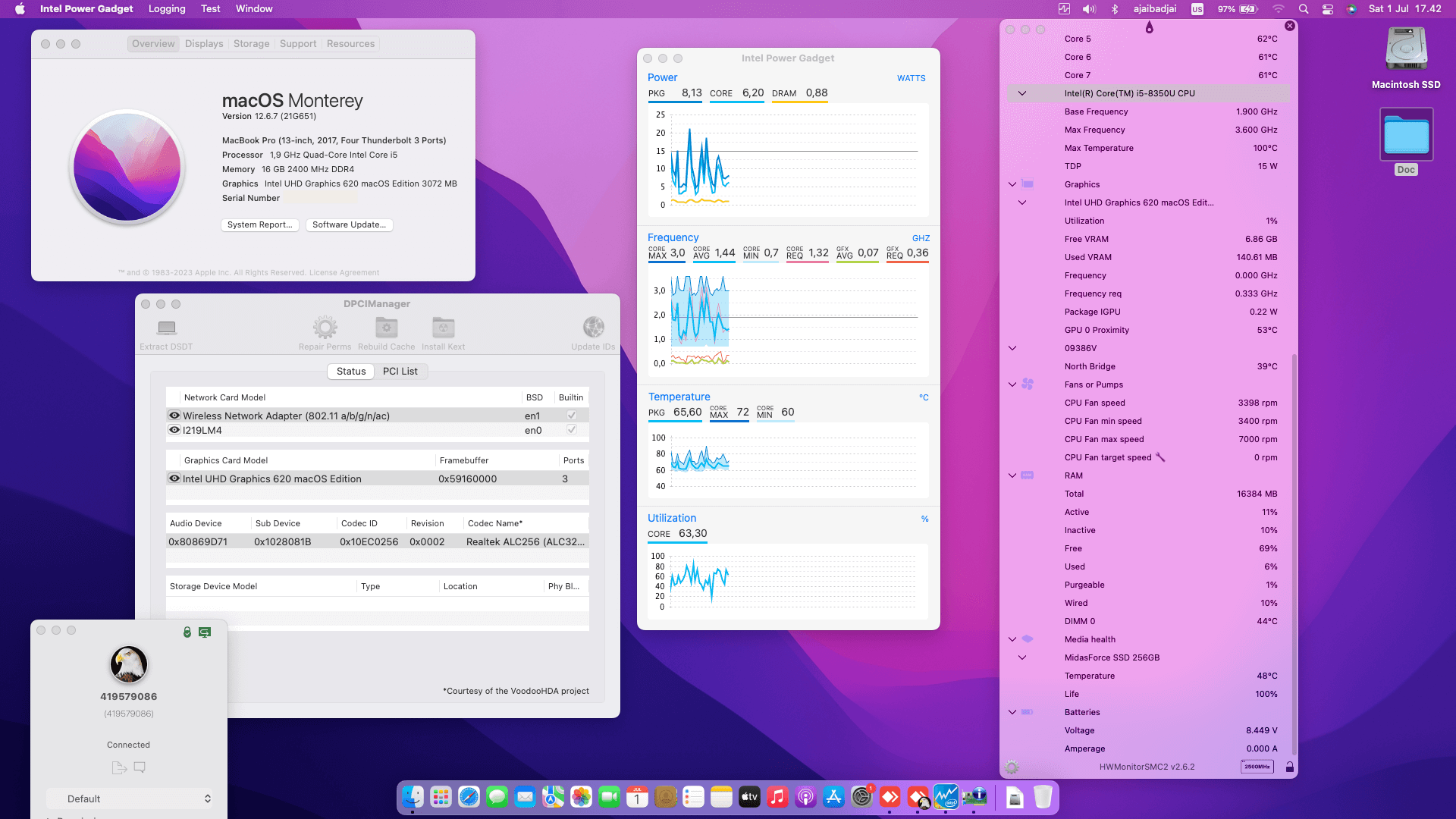 Success Hackintosh macOS Monterey 12.6.7 Build 21G651 in Dell Latitude 7390